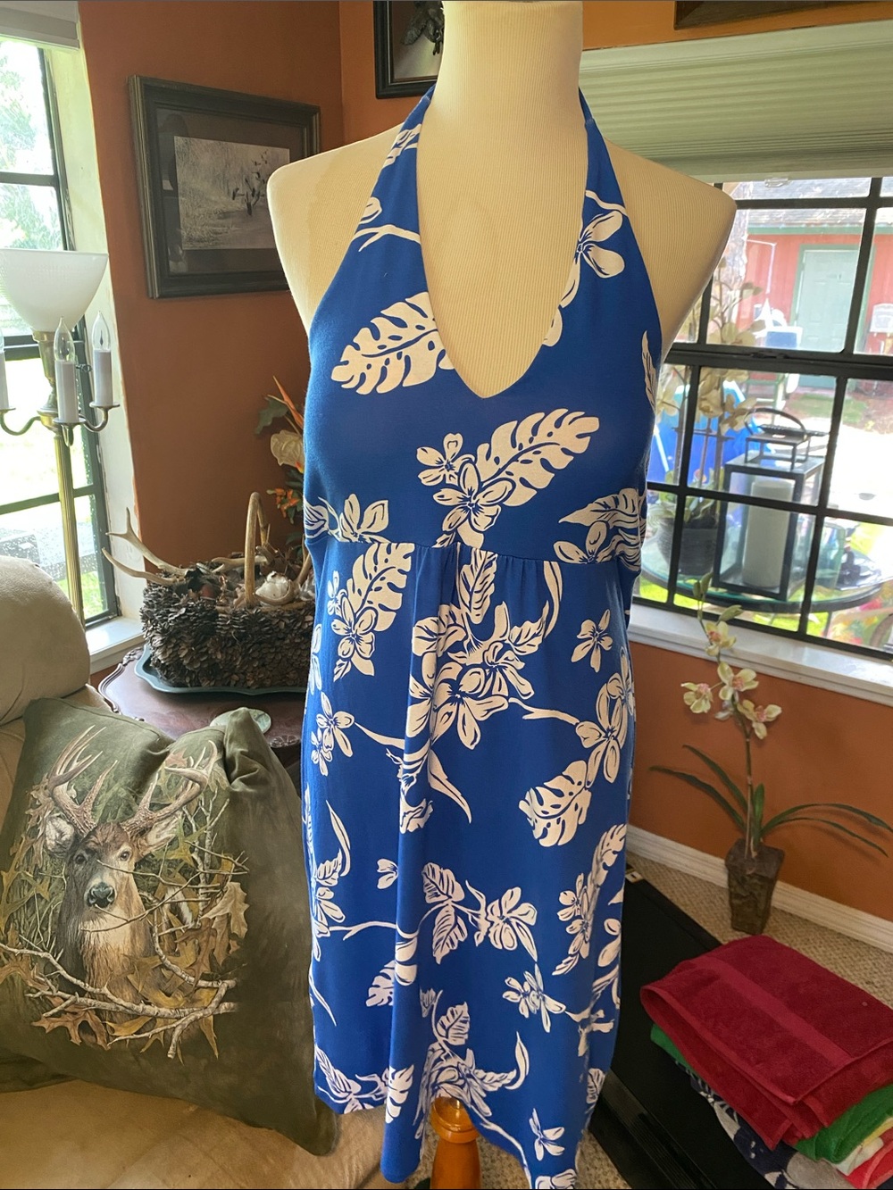 TOMMY Bahama Blue and White Halter Backless Midi Dress